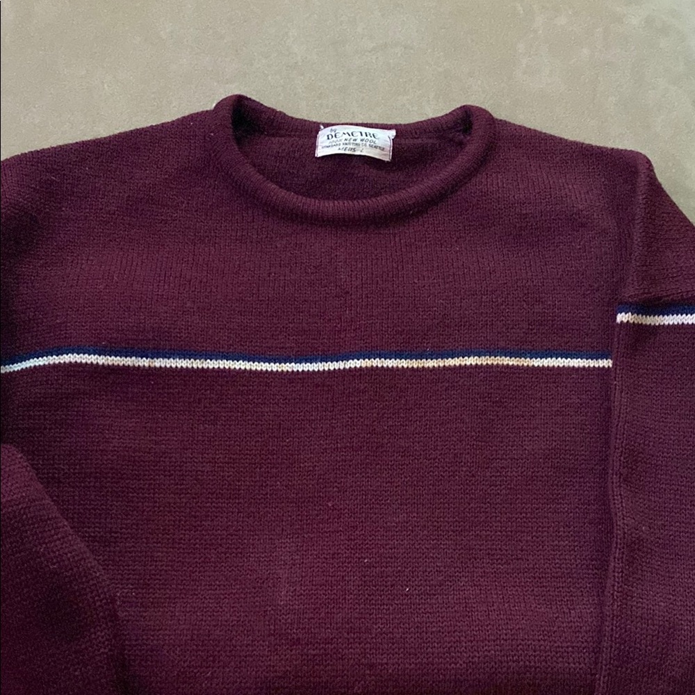 Burgundy/White Striped Sweater. 100% wool. A few small flaws in the wool.
